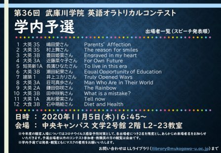第36回 武庫川学院 英語オラトリカルコンテスト 予選発表順